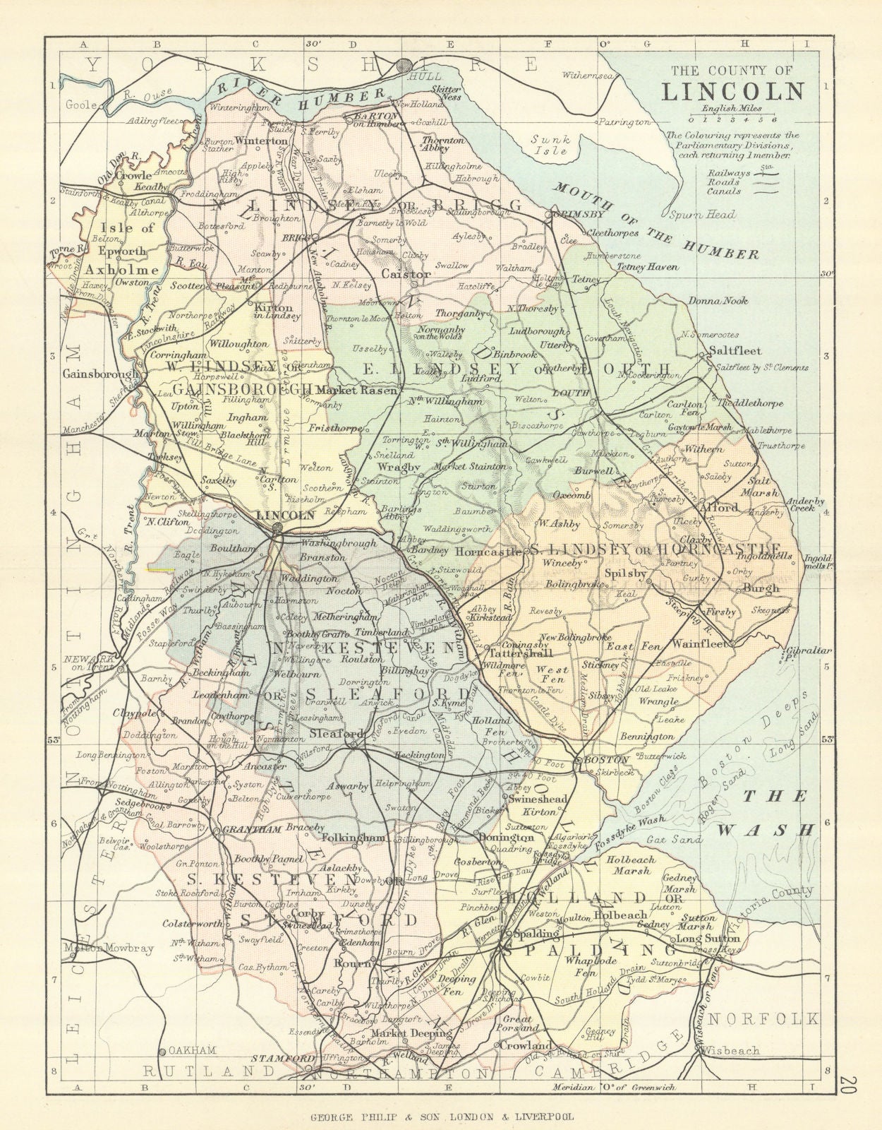 LINCOLNSHIRE. Antique county map. Railways canals. Constituencies. PHILIP 1889